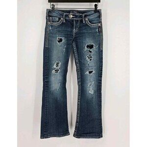 Silver Tuesday Flap Womens Stretch Torn Distressed Dark Wash Blue Jeans Sz 27/31